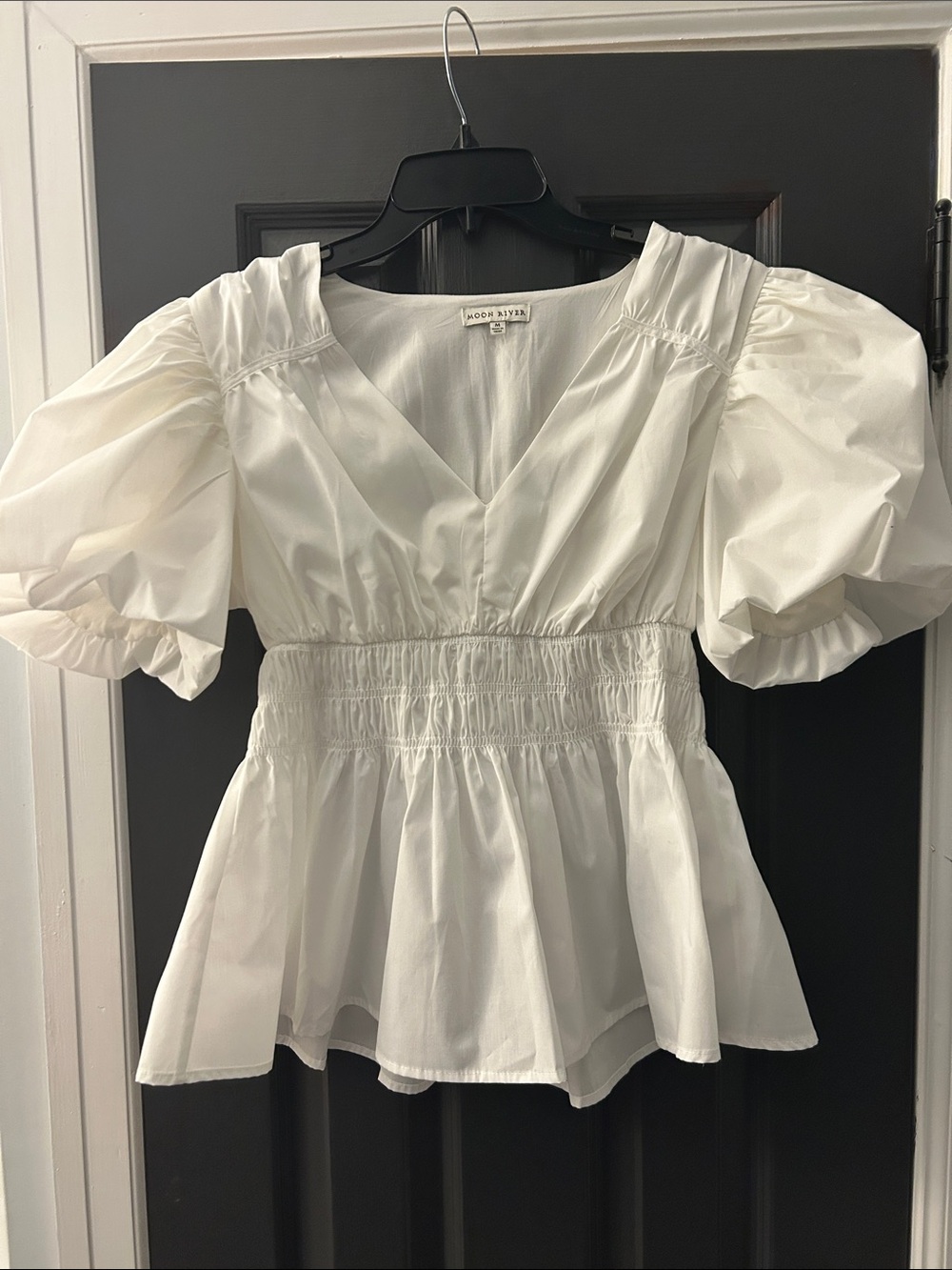 Moon River White Puff Sleeve Smocked Peplum Blouse